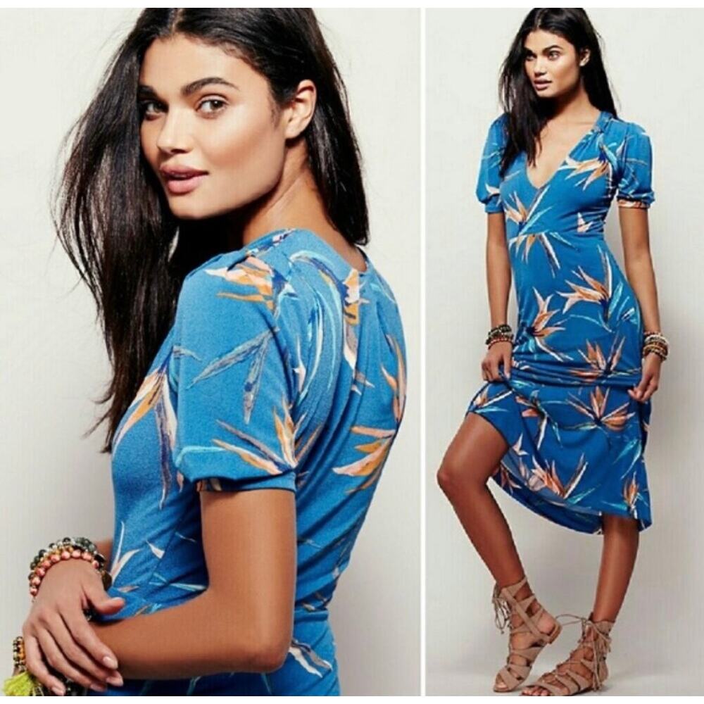 Free People Sarah Bird of Paradise Midi Dress Medium Tropical Leaf Blue